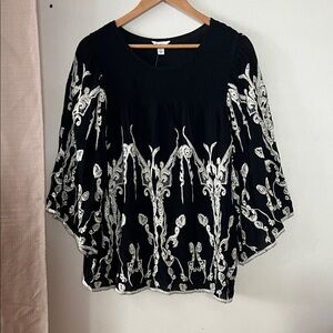 Black Embroidered Peasant Blouse with White Floral Detail